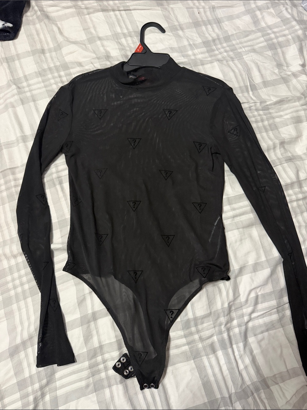 GUESS Black Sheer Logo Mesh Bodysuit
